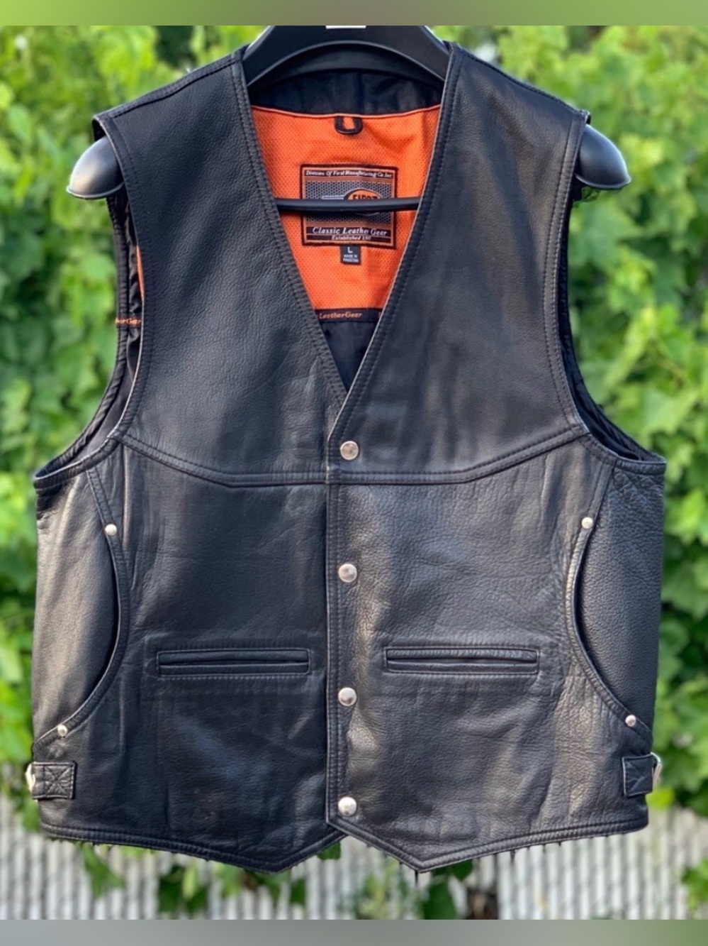 First Classics Black Leather Motorcycle Biker Vest - Men’s Large